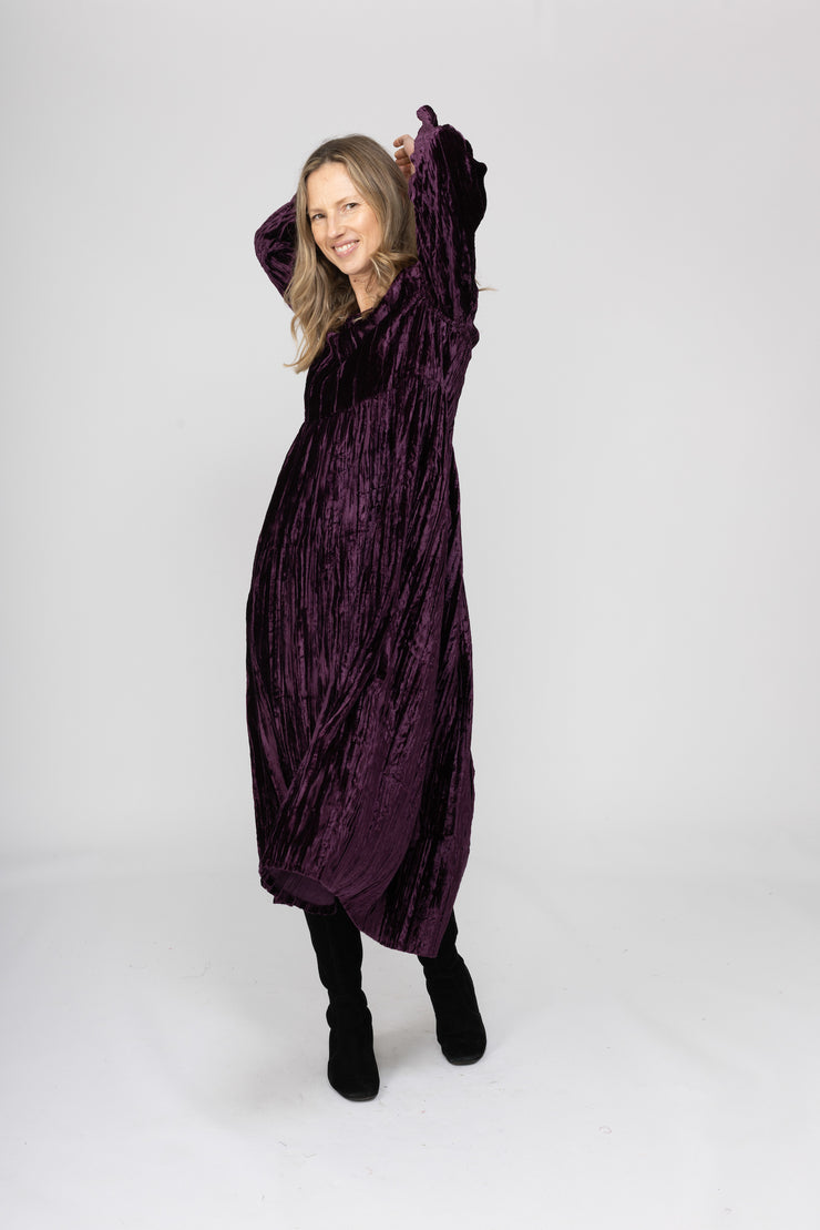 New Bobby Ji Dress in Crushed Velvet  AW2025 - 1 Aubergine Size 16-18 L/XL Left!