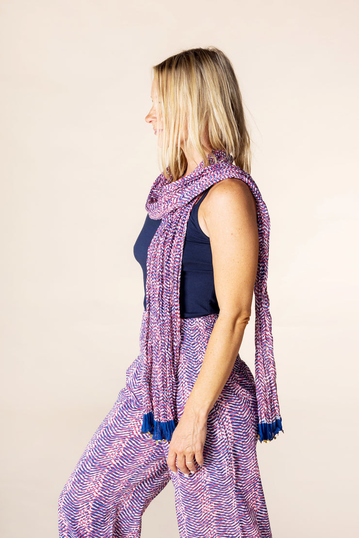 New Hand Block Printed Pure Cotton Scarves SS2025 Crimson Indigo