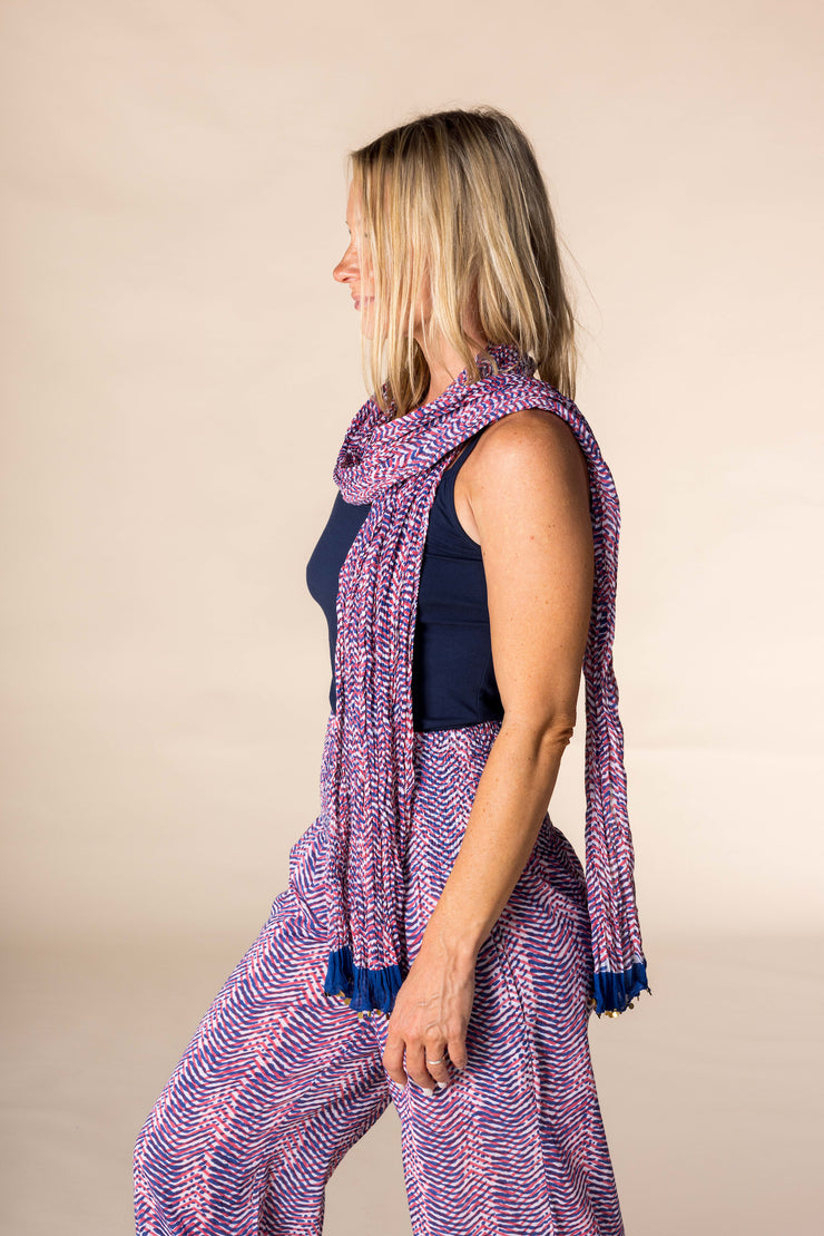 New Hand Block Printed Pure Cotton Scarves SS2025 Crimson Indigo