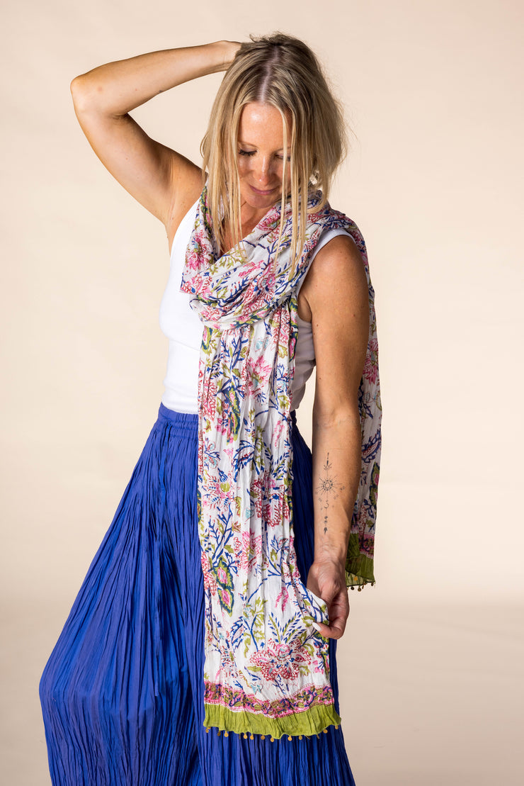 New Hand Block Printed Pure Cotton Scarves SS2025 Blanche Bloom