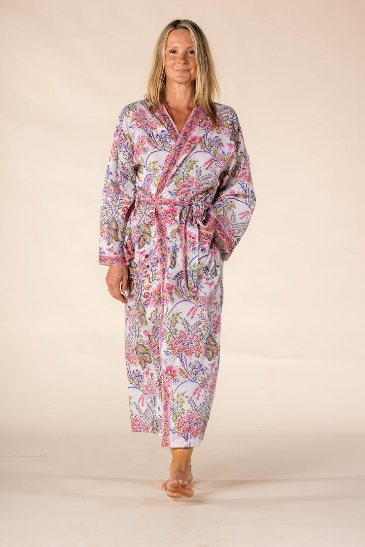 New Dressing Gown Hand Block Printed in Bamboo Silk SS2025-Only S/M Left