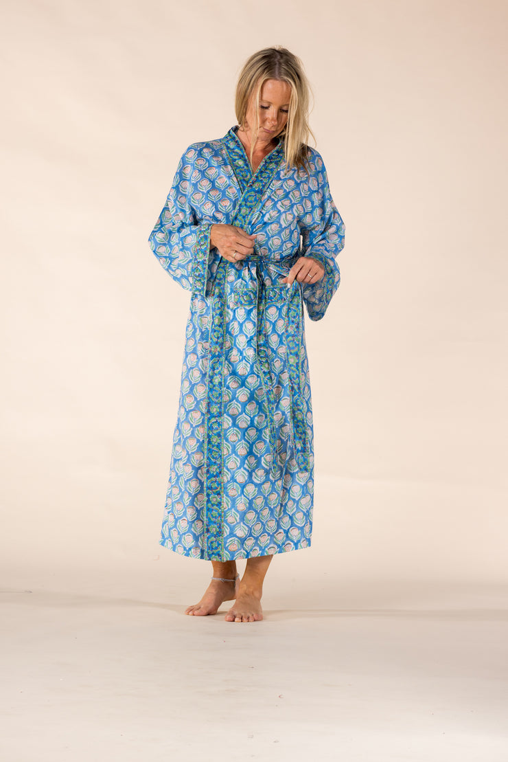 New Dressing Gown Hand Block Printed in Bamboo Silk SS2025-Only S/M Left