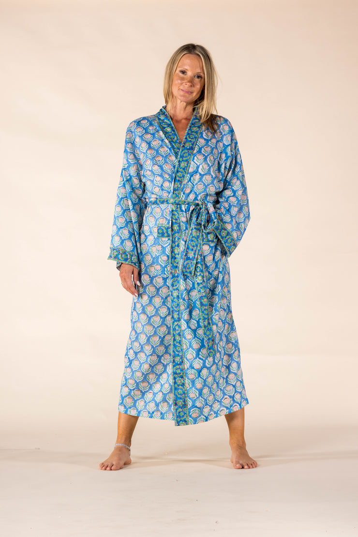 New Dressing Gown Hand Block Printed in Bamboo Silk SS2025-Only S/M Left