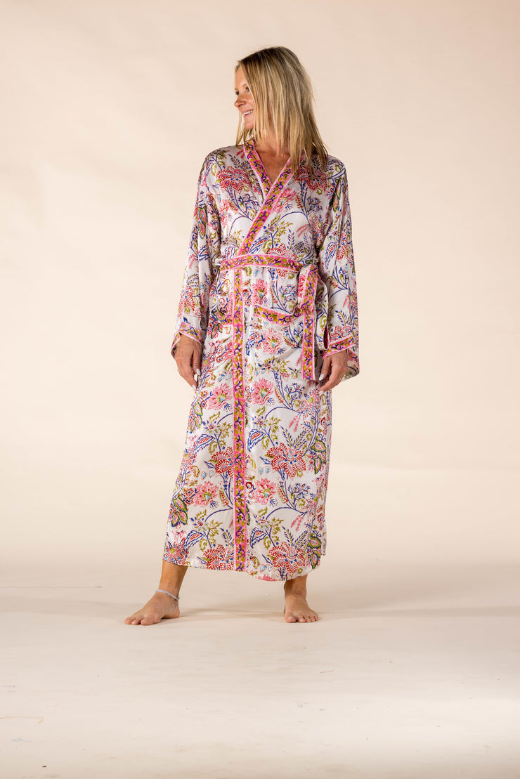 New Dressing Gown Hand Block Printed in Bamboo Silk SS2025-Only S/M Left