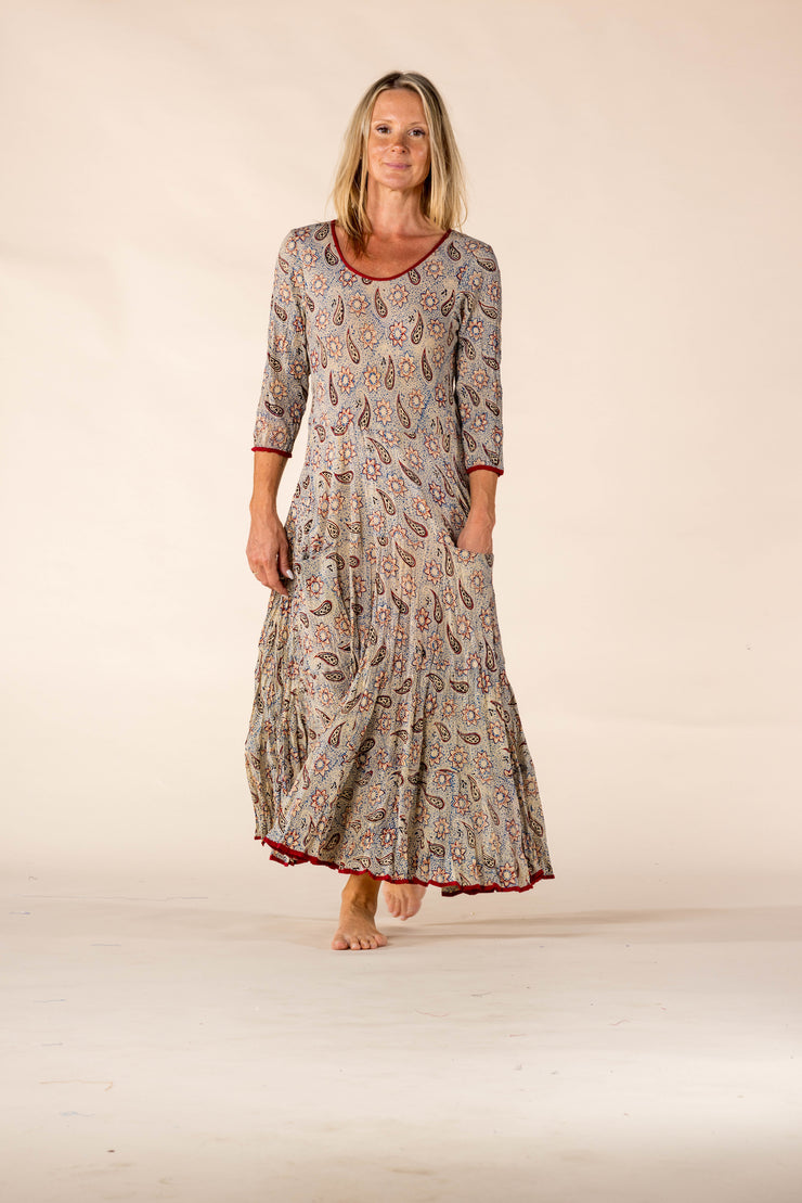 New Ruby Sun Dress Hand Block Printed Pure Cotton SS2025 Earth Paisley