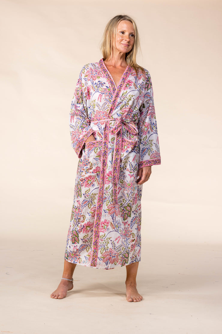 New Dressing Gown Hand Block Printed in Bamboo Silk SS2025-Only S/M Left