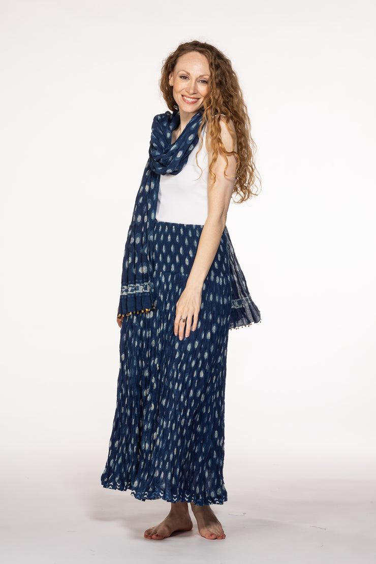 50 Panel Skirt in Pure Hand Block Printed Cotton Indigo Feather
