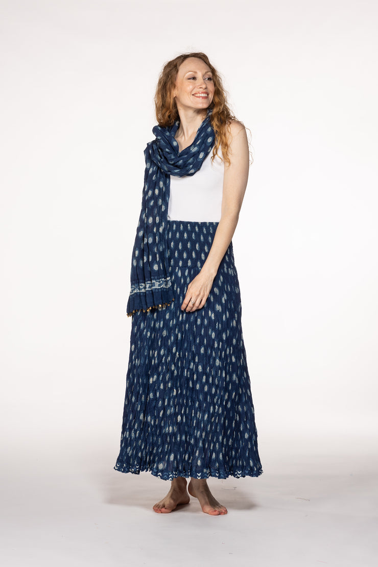 50 Panel Skirt in Pure Hand Block Printed Cotton Indigo Feather