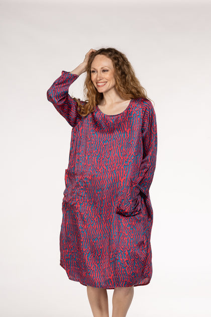Roshan Dress Hand Block Printed Bamboo Shibori Geranium & Blue Only M ...