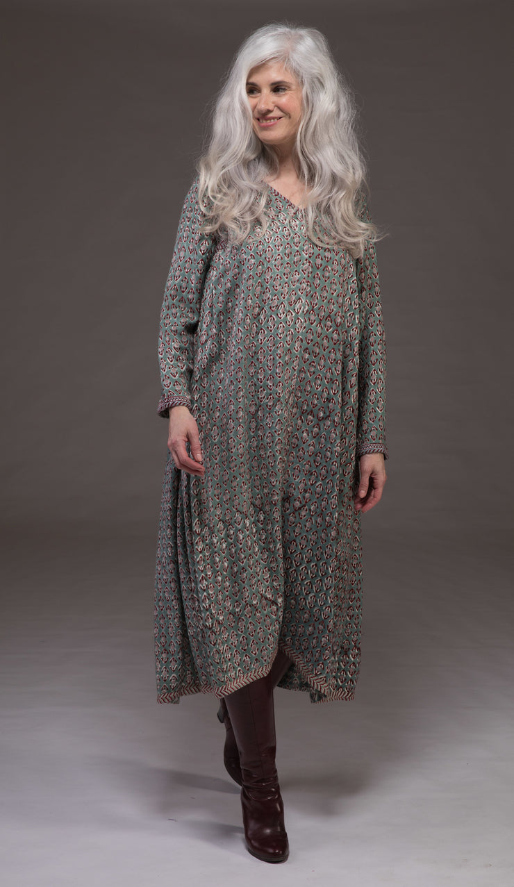 Jali Kaftan Hand Block Printed Moss Crepe Sustainable-It was £139 Now £69