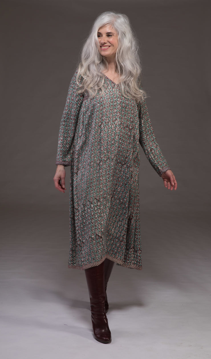 Jali Kaftan Hand Block Printed Moss Crepe Sustainable-It was £139 Now £69