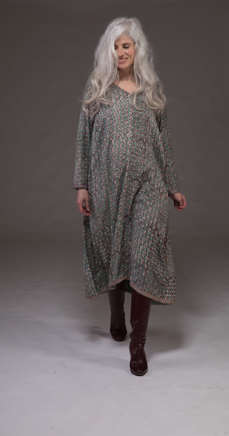 Jali Kaftan Hand Block Printed Moss Crepe Sustainable-It was £139 Now £69