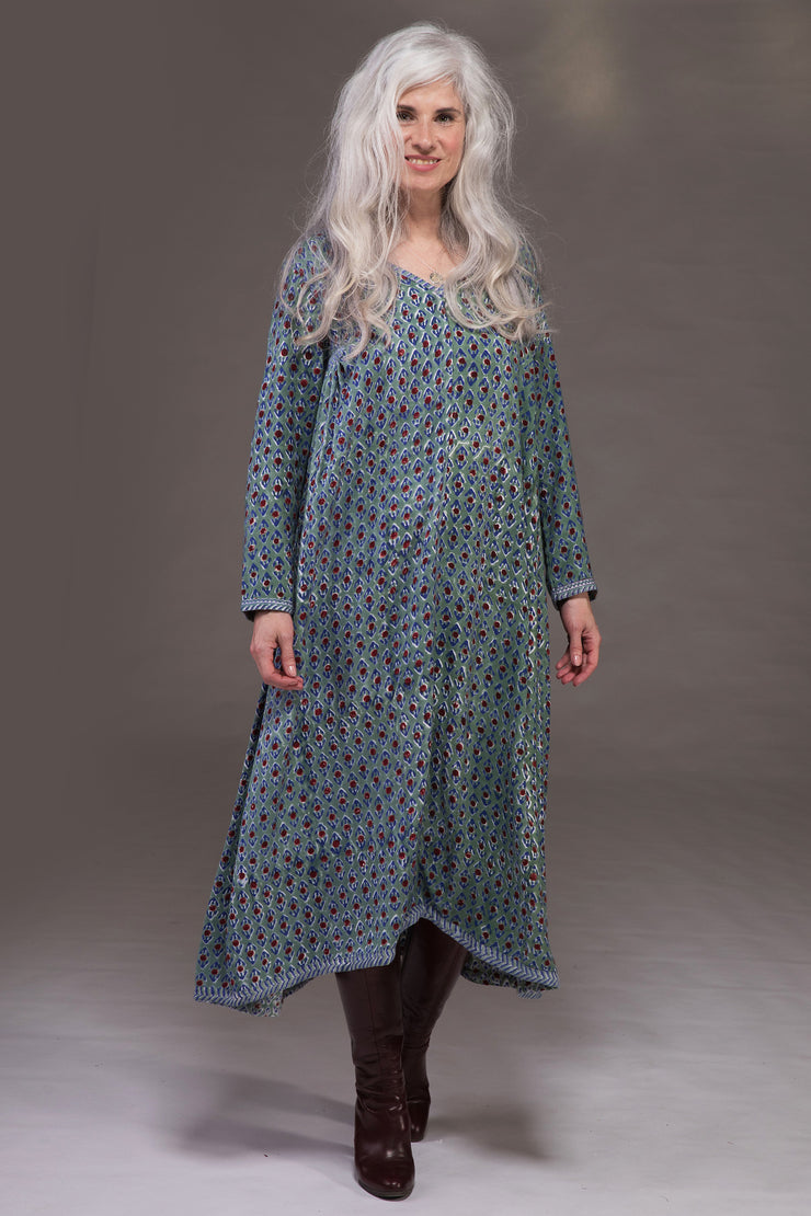 Jali Kaftan Hand Block Printed Moss Crepe Sustainable-It was £139 Now £69
