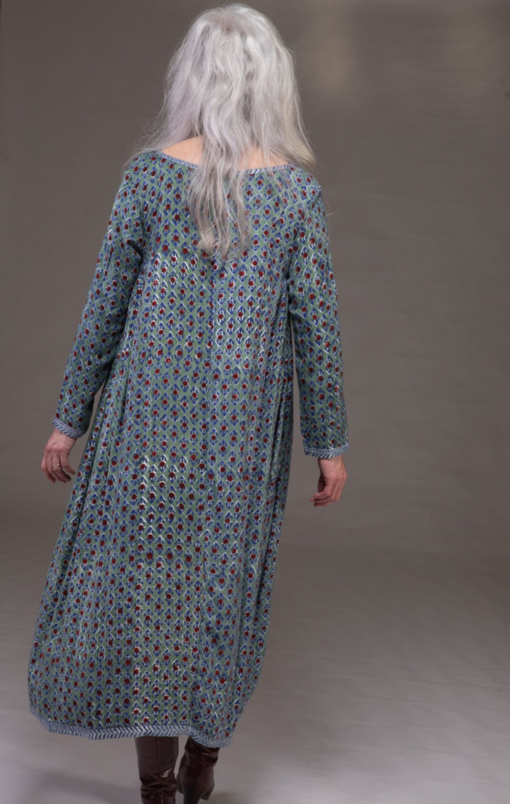 Jali Kaftan Hand Block Printed Moss Crepe Sustainable-It was £139 Now £69