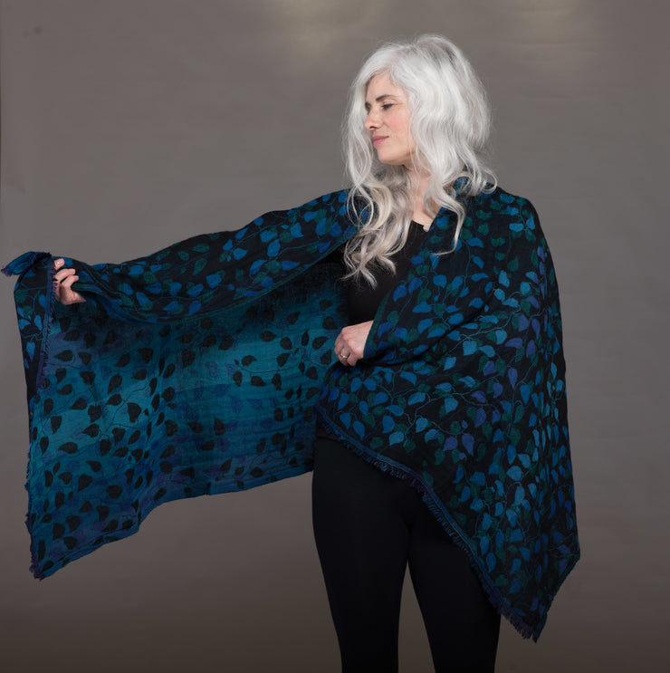 Merino Wool Shawl Midnight Leaves