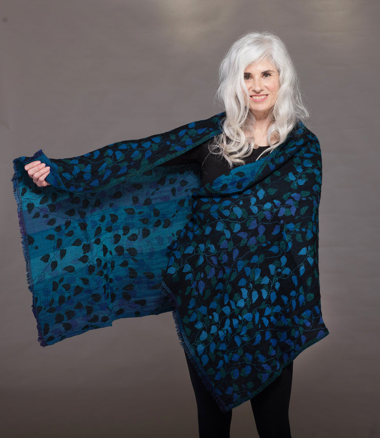 Merino Wool Shawl Midnight Leaves